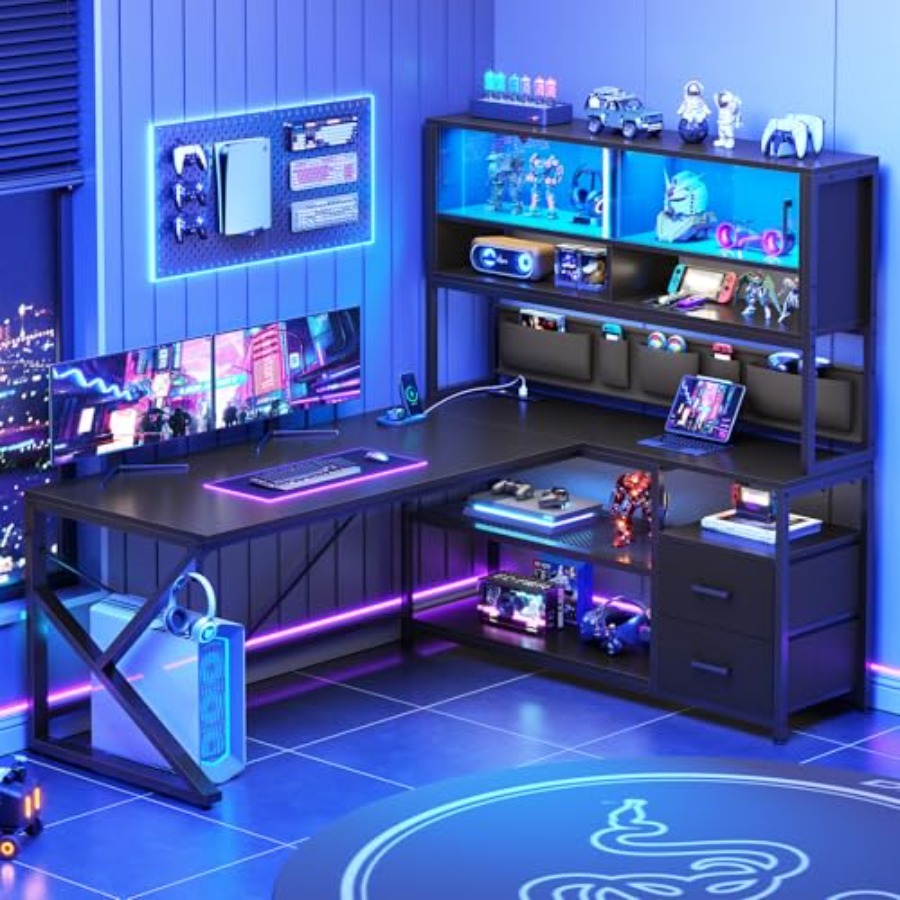 Desk Setup L Shaped - L-vormig gamingbureau met opbergplanken, 2 lades,