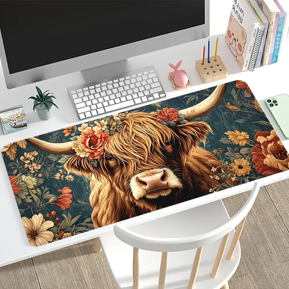Desk Setup Pc And Laptop - Vintage Highland Cow Floral Gaming Muismat